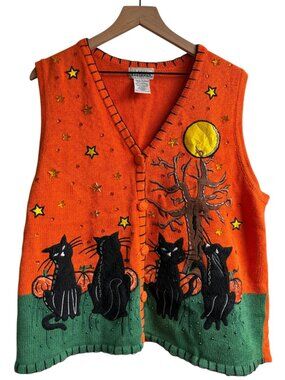 Vintage Halloween Sweater Vest Womens L Black Cats Moon Pumpkins Basic Editions